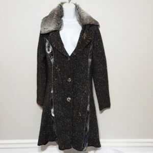 Tessori vintage cardigan women M long brown button faux fur lagenlook y2k wool